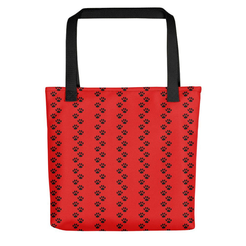 Evil Cat Pawprints Red Tote bag in Back View Black Handle Pattern