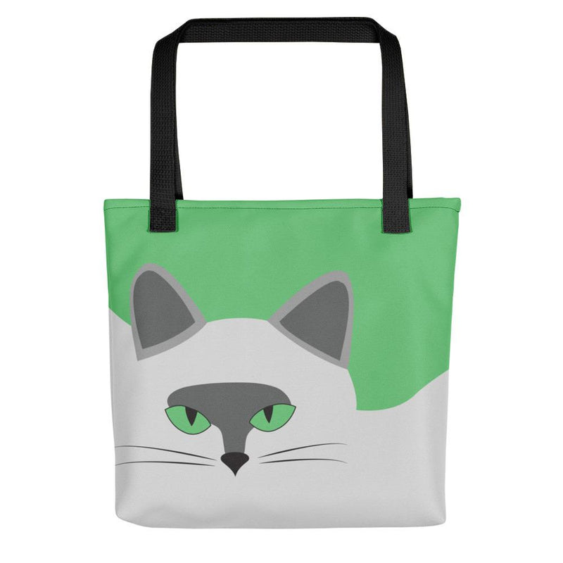 Inscrutable Cat Smoky Cat Green Tote bag in Black Handle Front View