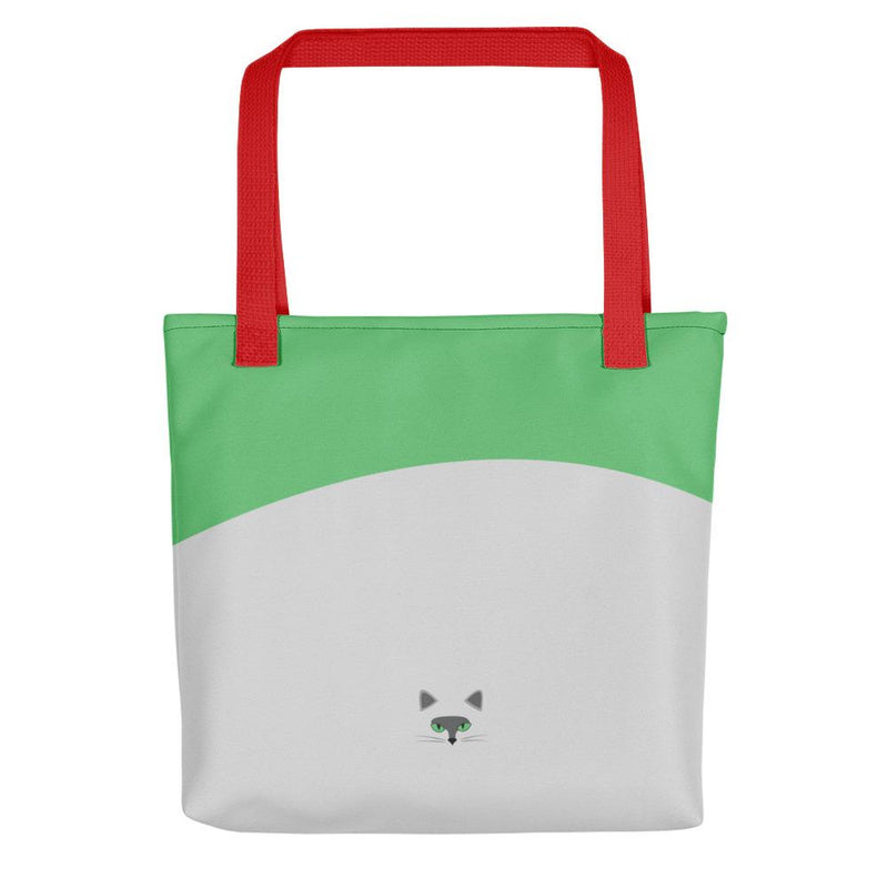 Inscrutable Cat Smoky Cat Green Tote bag in Red Handle Back View