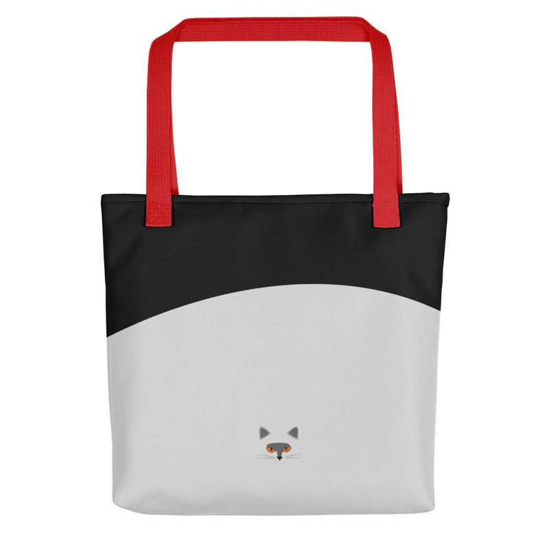 Inscrutable Cat Smoky Cat Black Tote bag in Red Handle Back View