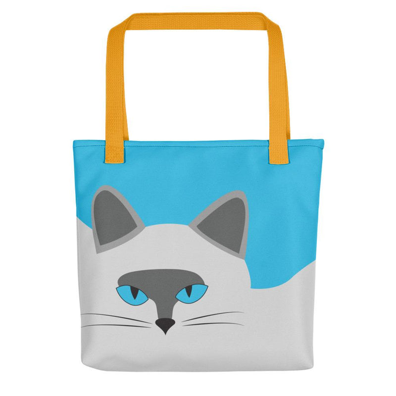 Inscrutable Cat Smoky Cat Blue Tote bag in Yellow Handle Front View