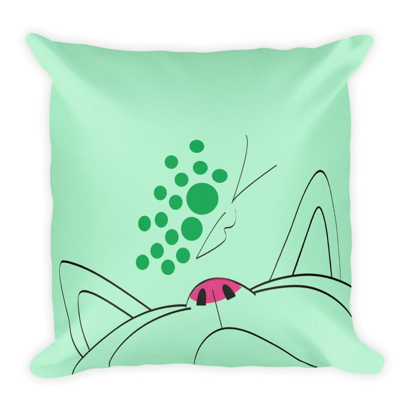 Minimalist Cat Green Butterfly Square Pillow