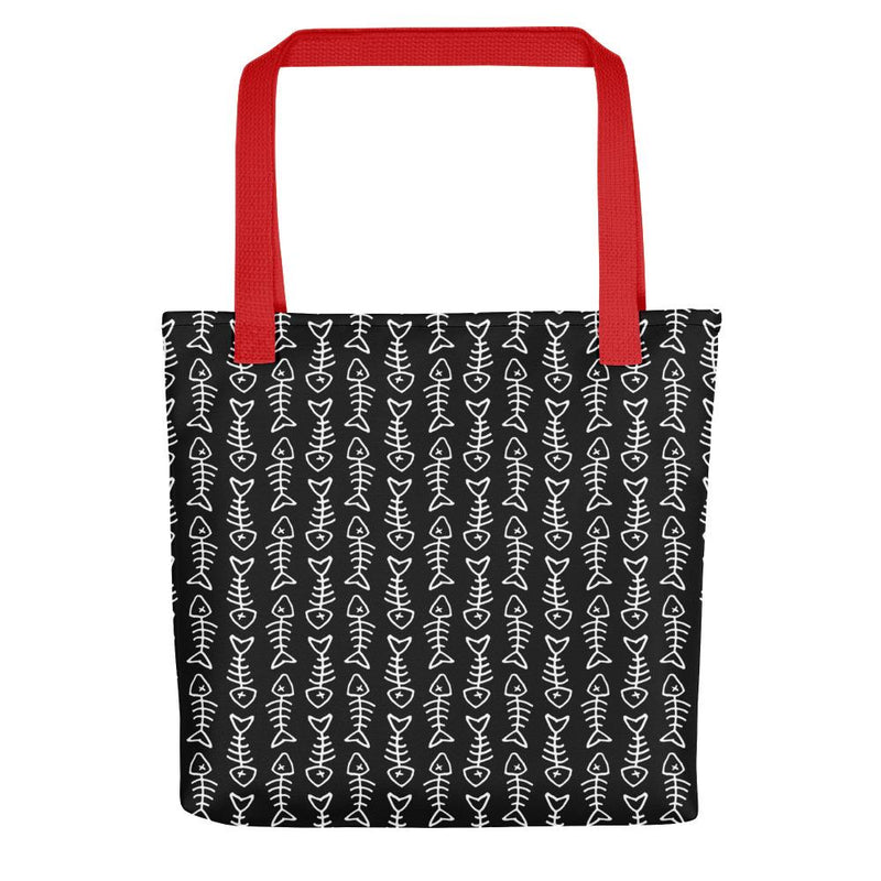 Evil Cat Fishbone Blue Tote bag in back view red handle