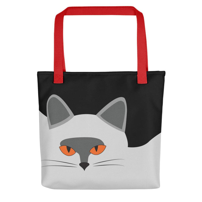 Inscrutable Cat Smoky Cat Black Tote bag in Red Handle Front View