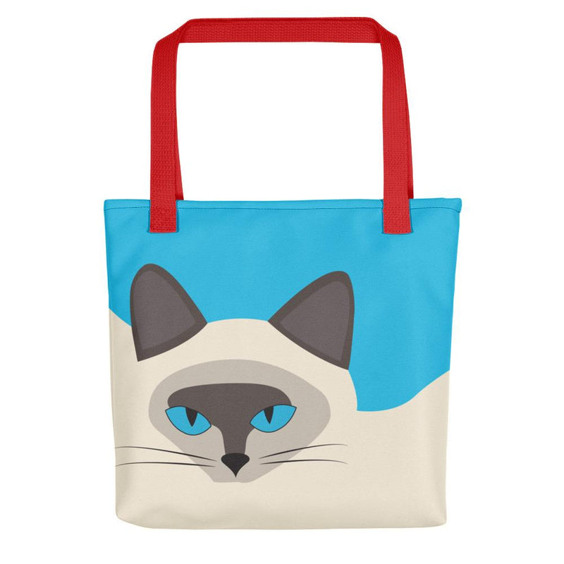 Inscrutable Cat 'Siamese Cat Blue' Tote bag in Red Handle Front