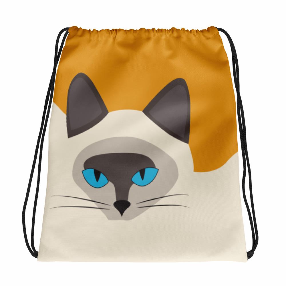 Inscrutable Cat Siamese Cat Gold Drawstring bag in Front View