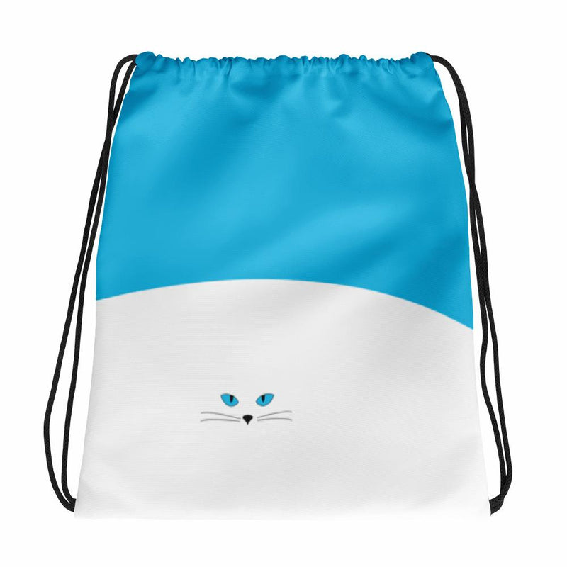 Inscrutable Cat Juicy Fruity Blue Drawstring bag in Back View