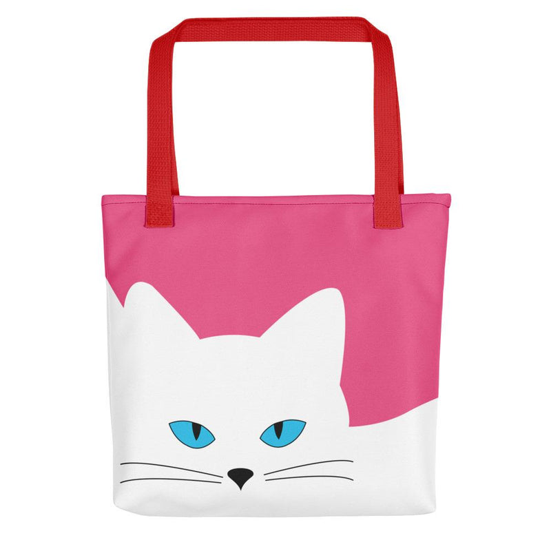 Inscrutable Cat Juicy Fruity Pink Tote bag Front View in Red Handle