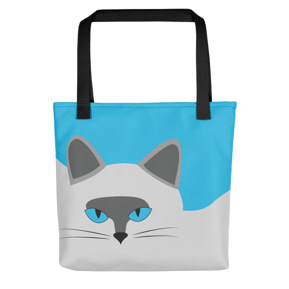 Inscrutable Cat Smoky Cat Blue Tote bag in Black Handle Front View