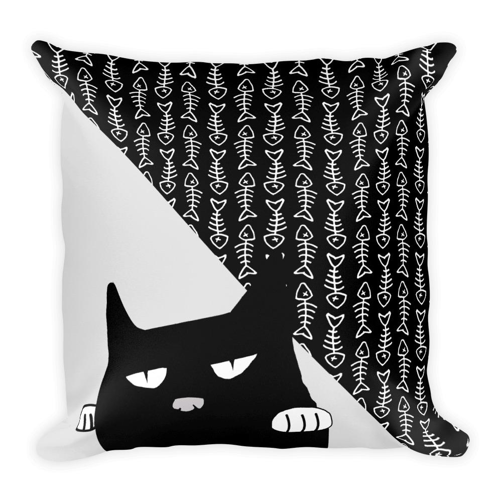Evil Cat Fishbone Gray Square Pillow in Front View Pattern
