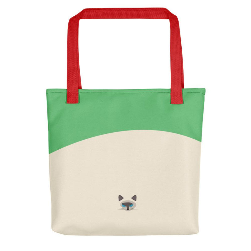 Inscrutable Cat 'Siamese Cat Green' Tote bag in Red Handle Back