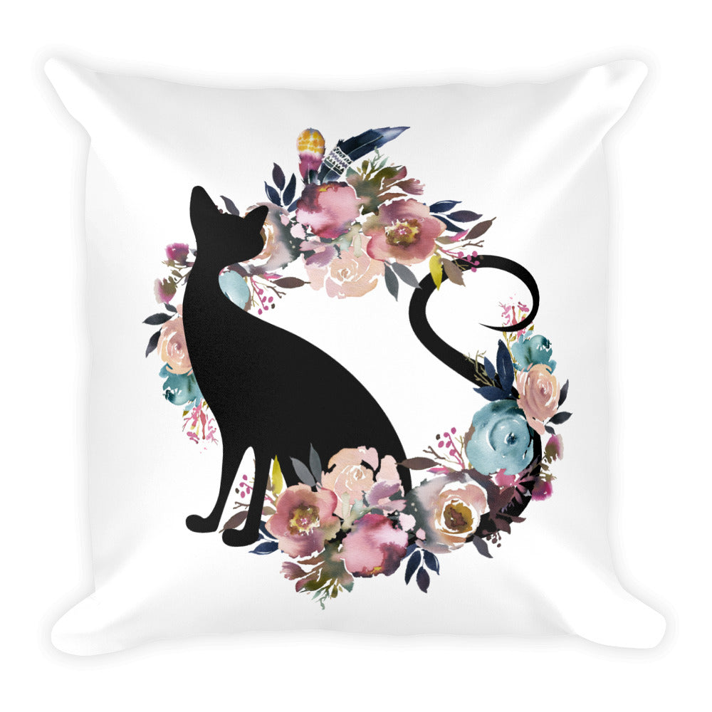 Floral Cat Loyal Cat Square Pillow in Front View