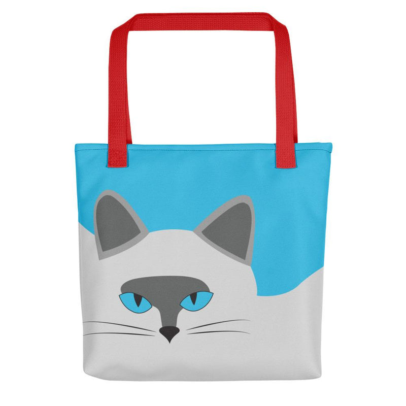Inscrutable Cat Smoky Cat Blue Tote bag in Red Handle Front View