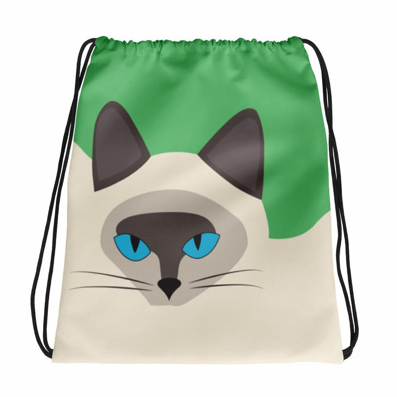 Inscrutable Cat Siamese Cat Green Drawstring bag in Front View