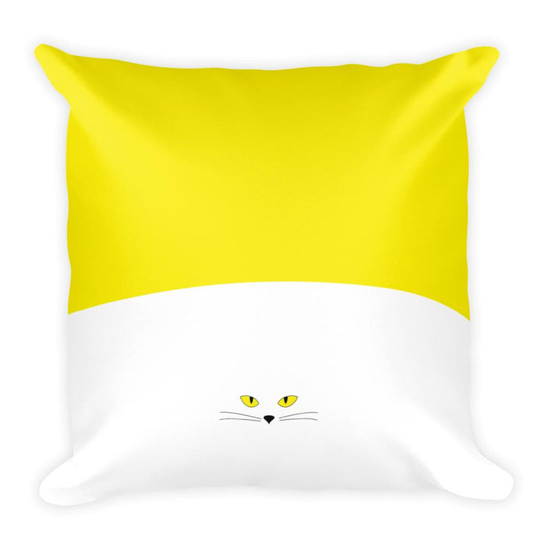 Inscrutable Cat White Cat Yellow Square Pillow in Back View