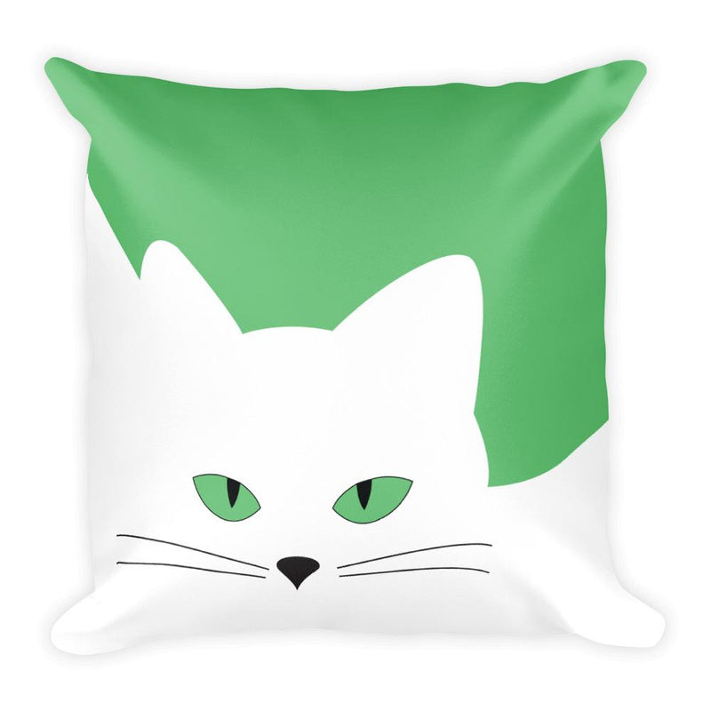Inscrutable Cat White Cat Green Square Pillow in Front View
