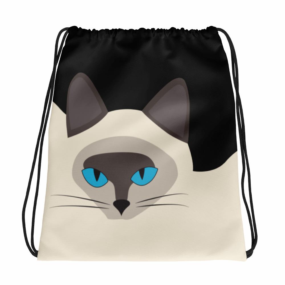 Inscrutable Cat Siamese Cat Black Drawstring bag in Front View