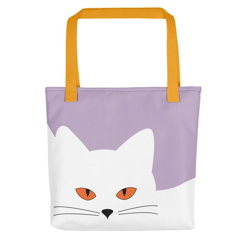 Inscrutable Cat Juicy Fruity Damson Tote bag Front View in Yellow Handle