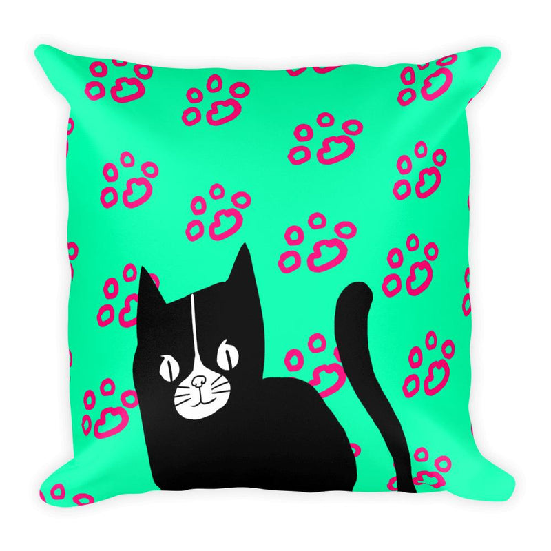Evil Cat Paw Prints Deep Pink Square Pillow in Green Background