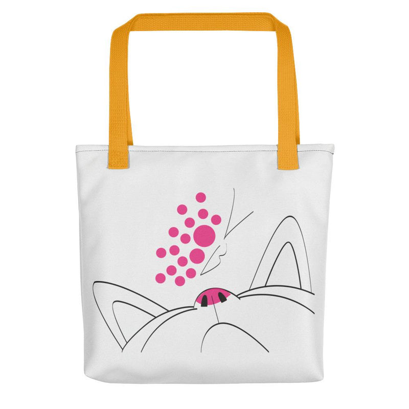 Minimalist Cat Pink Butterfly Tote Yellow Handle
