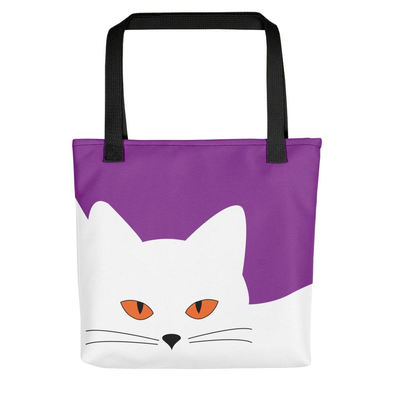 Inscrutable Cat Juicy Fruity Plum Tote bag Front View in Black Handle