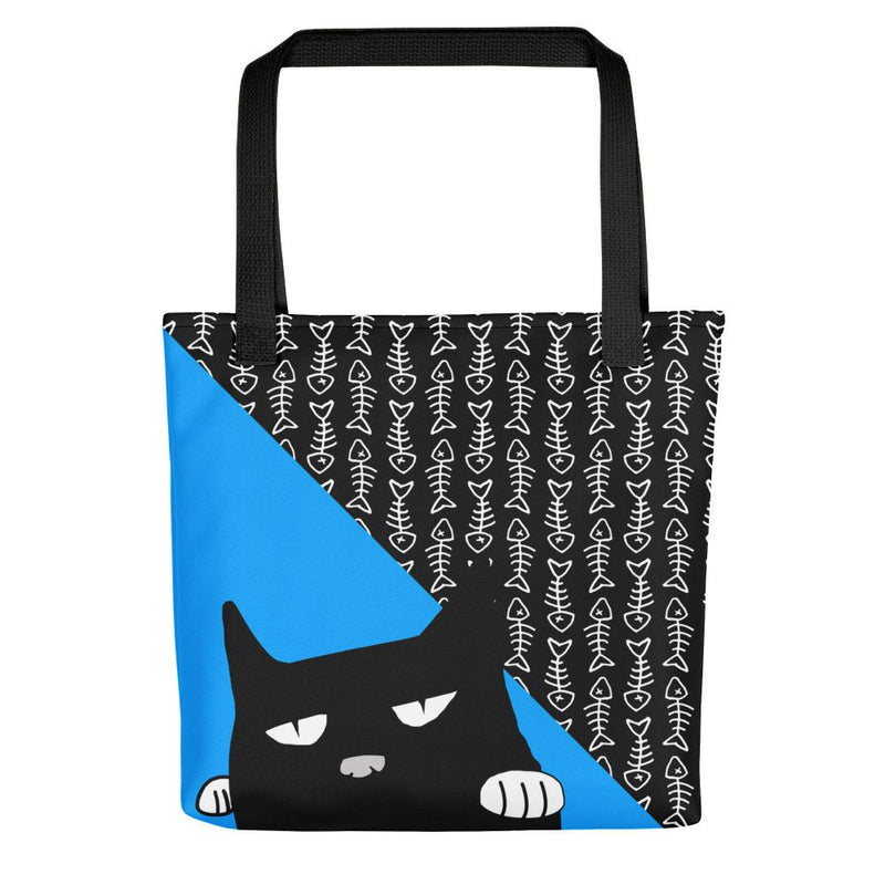 Evil Cat Fishbone Blue Tote bag in front view black handle