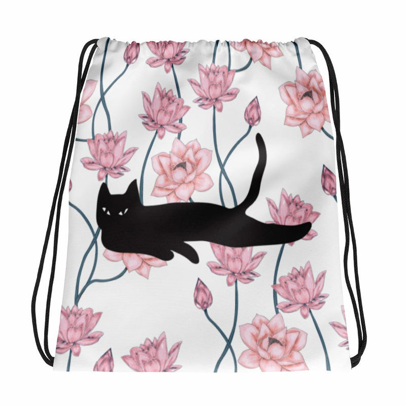 Cat Noir Pink Flower Drawstring bag with a Black Cat