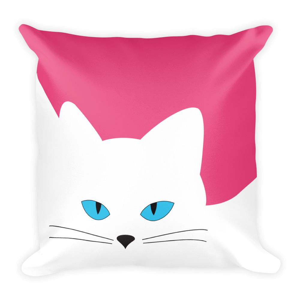 Inscrutable Cat White Cat Deep Pink Square Pillow in Front View