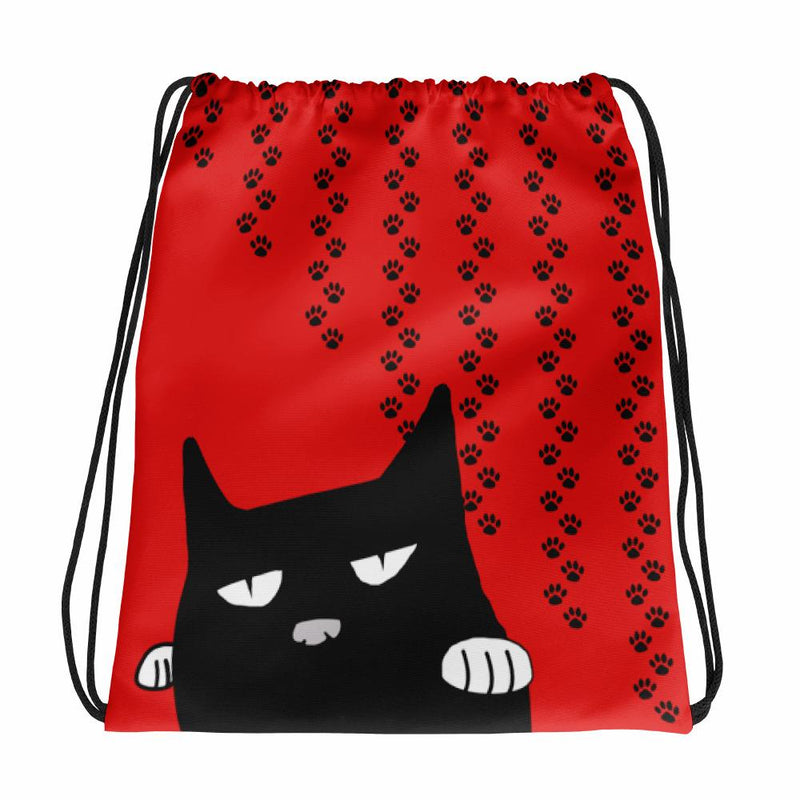 Evil Cat Pawprints Red Drawstring bag Black Cat in Front View