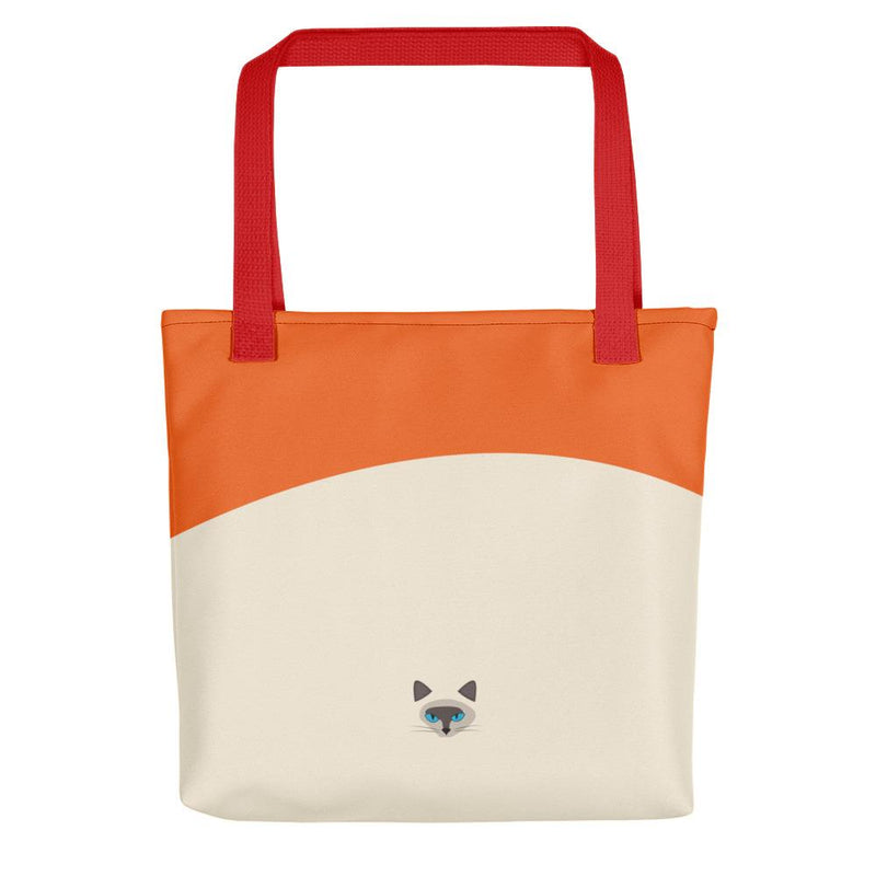 Inscrutable Cat 'Siamese Cat Orange' Tote bag in Red Handle Back