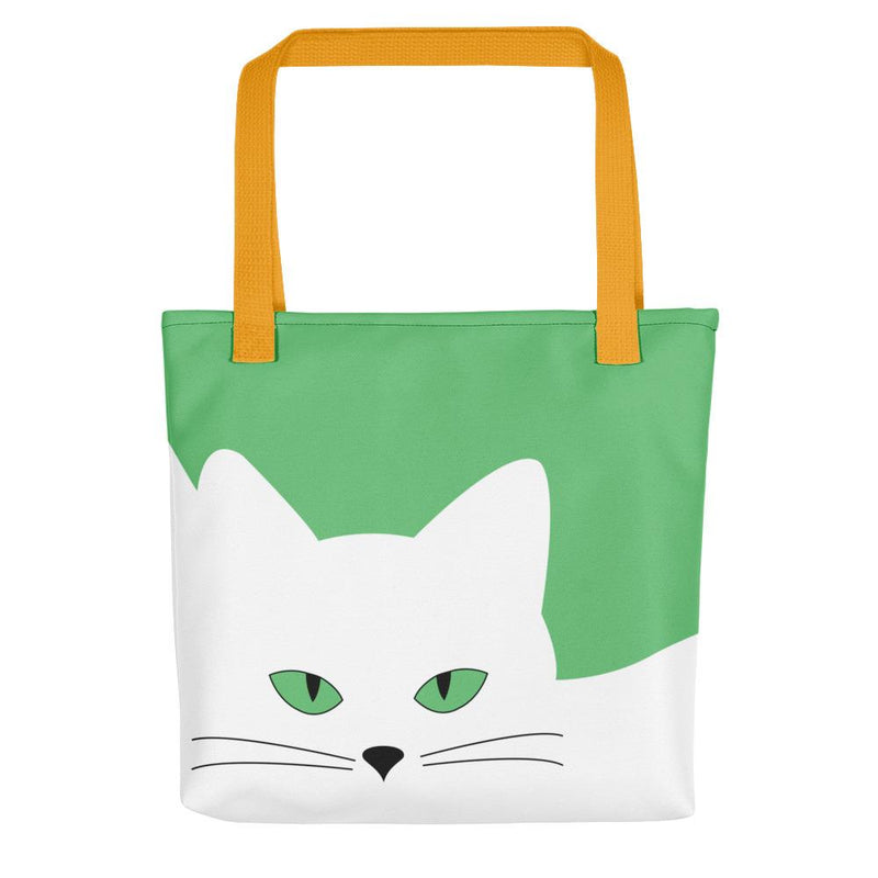 Inscrutable Cat Juicy Fruity Kiwi Tote bag Front View in Yellow Handle