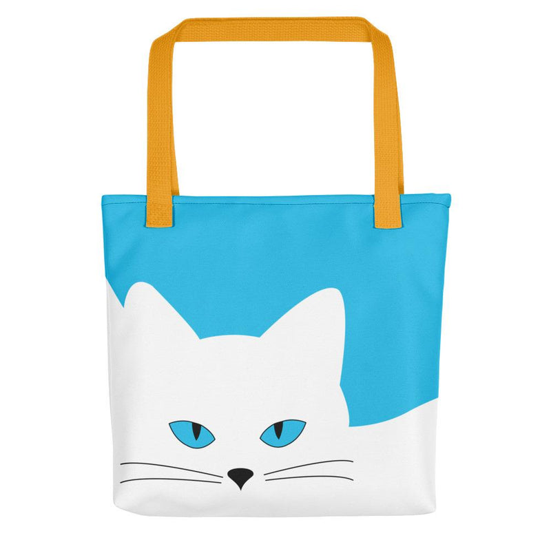 Inscrutable Cat Juicy Fruity Blue Tote bag Front View in Yellow Handle