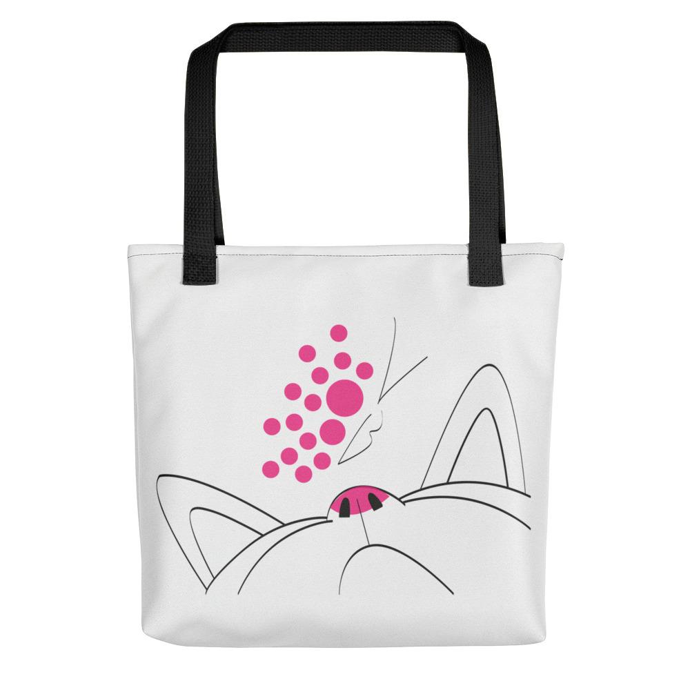 Minimalist Cat Pink Butterfly Tote with Black Handles