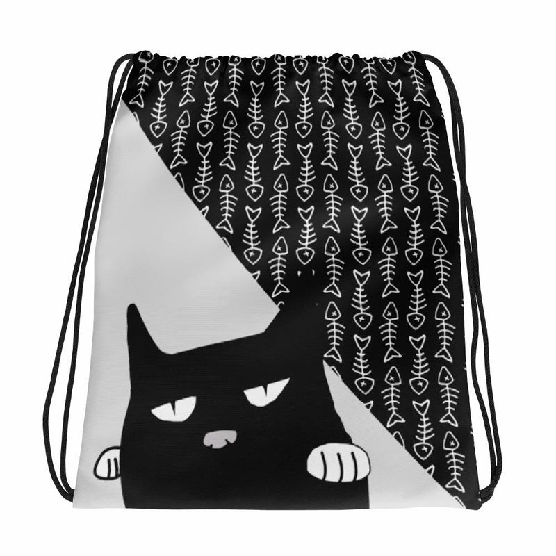 Evil Cat Fishbone Gray Drawstring bag Black Cat in Front View