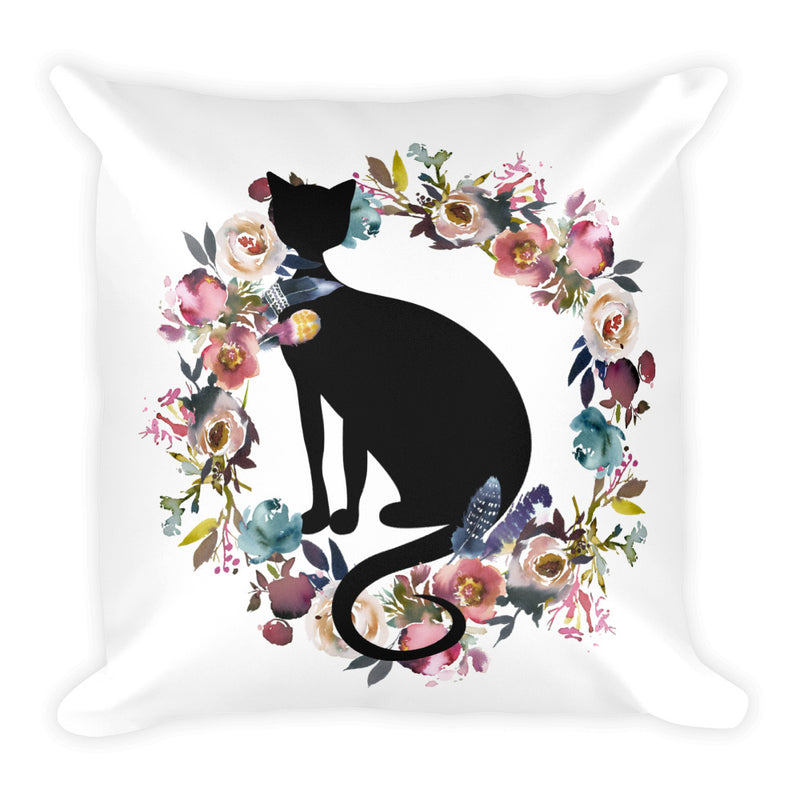 Floral Cat Happiest Cat Square Pillow in Front View