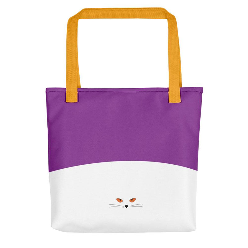 Inscrutable Cat Juicy Fruity Plum Tote bag Back View in Yellow Handle