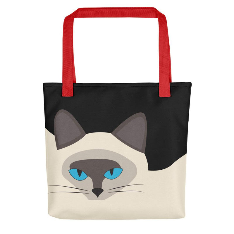 Inscrutable Cat Siamese Cat Black Tote bag in Red Handle Front