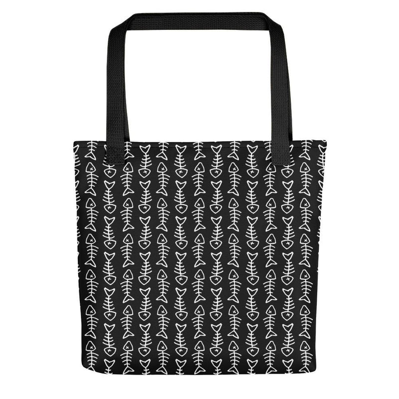 Evil Cat Fishbone Red Tote bag in Front View Black Handle Pattern