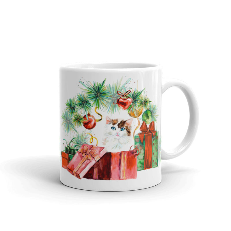 Festive Cat Christmas Tabby Harlequin Mug in Left View