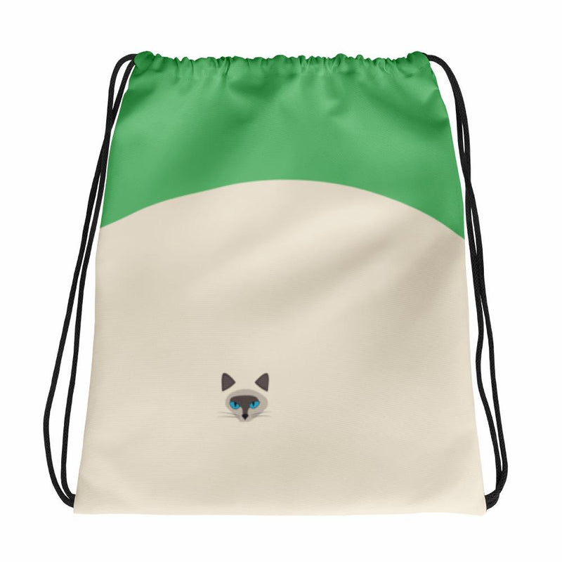 Inscrutable Cat Siamese Cat Green Drawstring bag in Back View