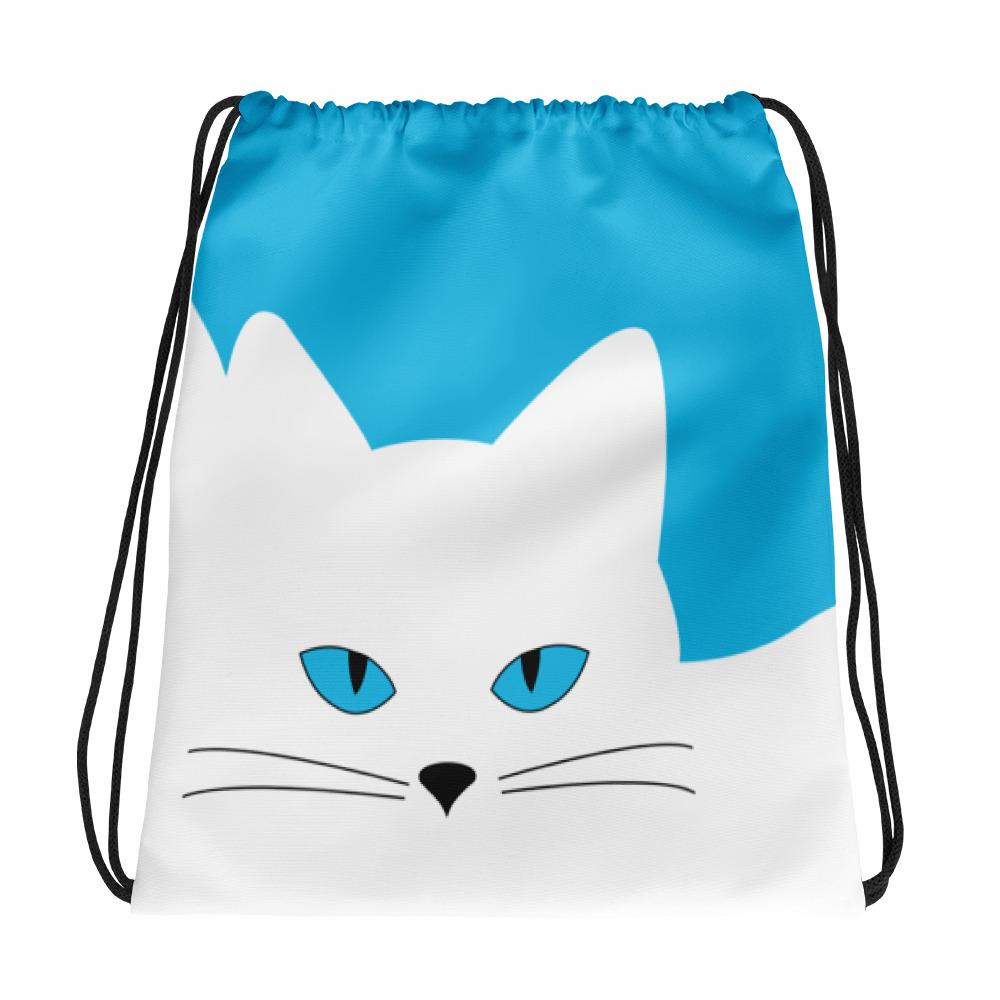 Inscrutable Cat Juicy Fruity Blue Drawstring bag in Front View