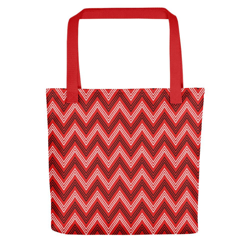 Evil Cat zig zag white Tote bag in back view red handle