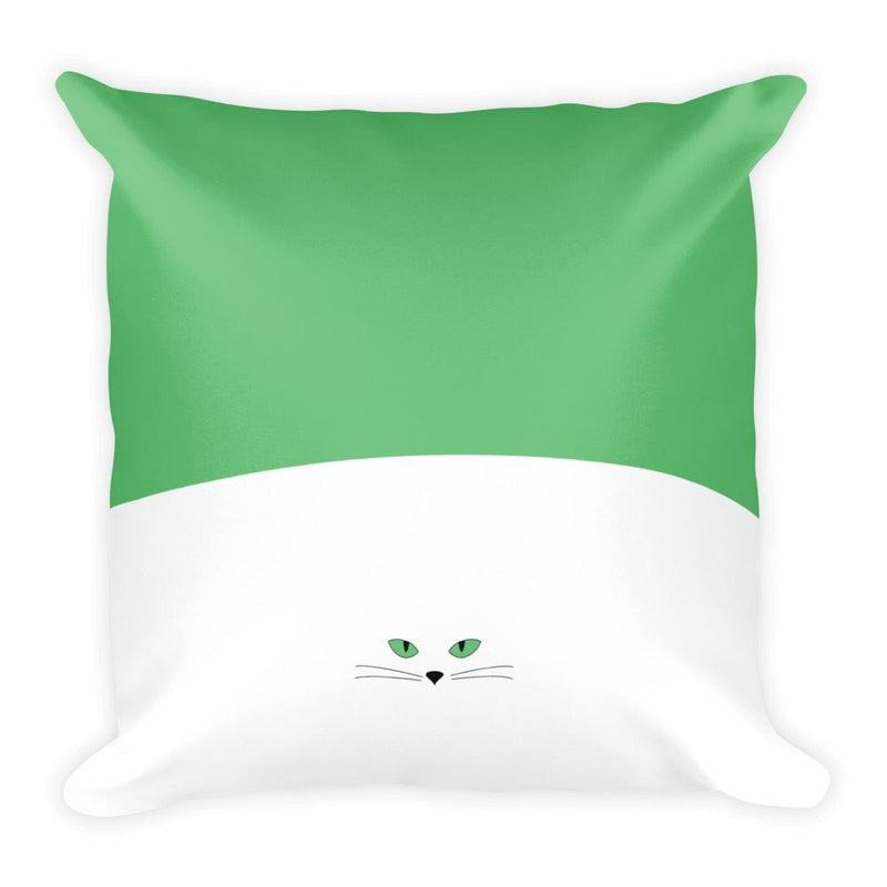 Inscrutable Cat White Cat Green Square Pillow in Back View
