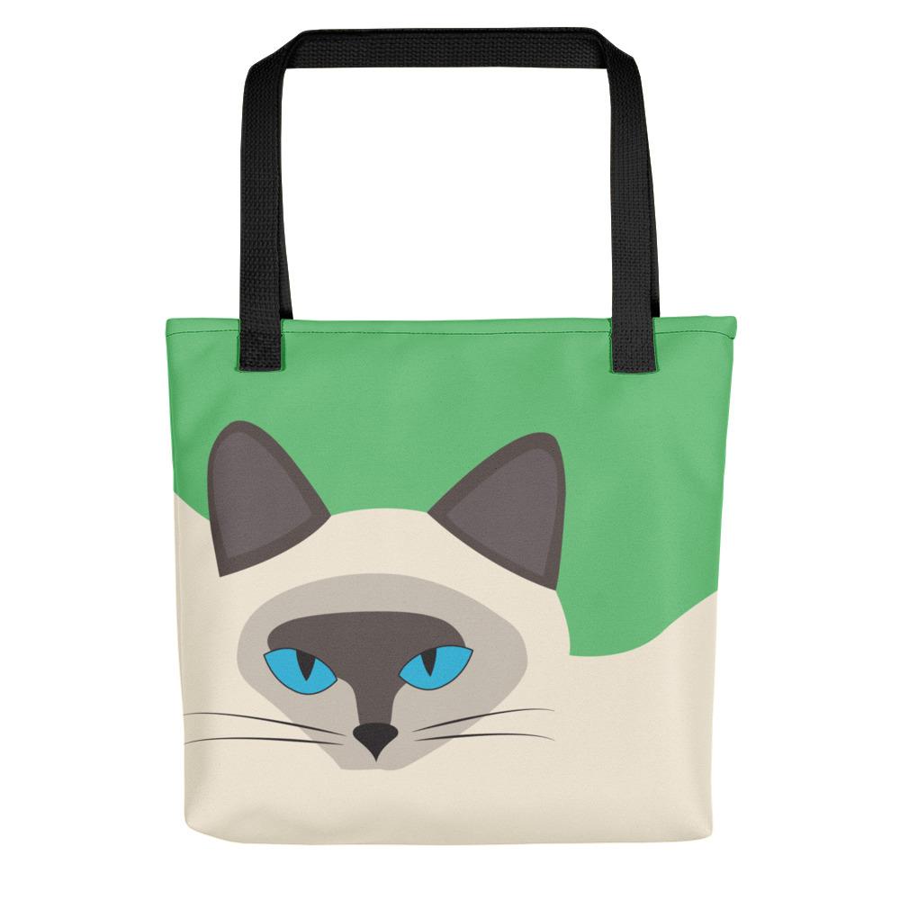 Inscrutable Cat 'Siamese Cat Green' Tote bag in Black Handle Front