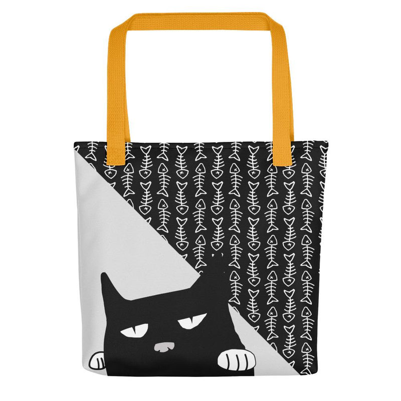 Evil Cat Fishbone Blue Tote bag in front view yellow handle