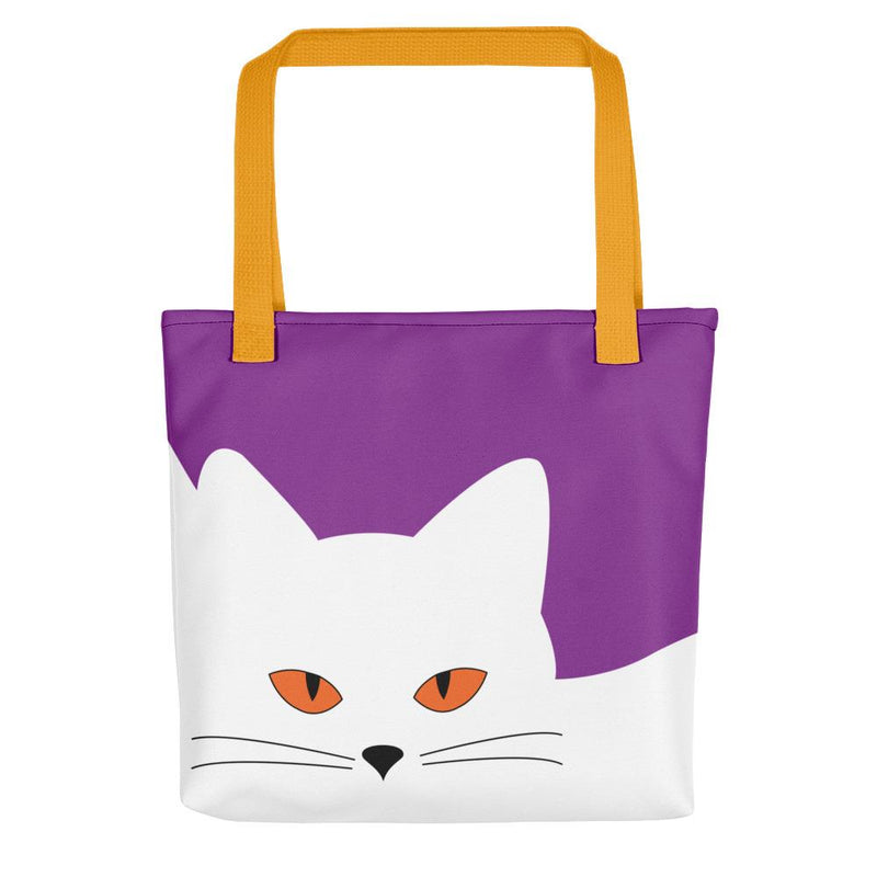 Inscrutable Cat Juicy Fruity Plum Tote bag Front View in Yellow Handle