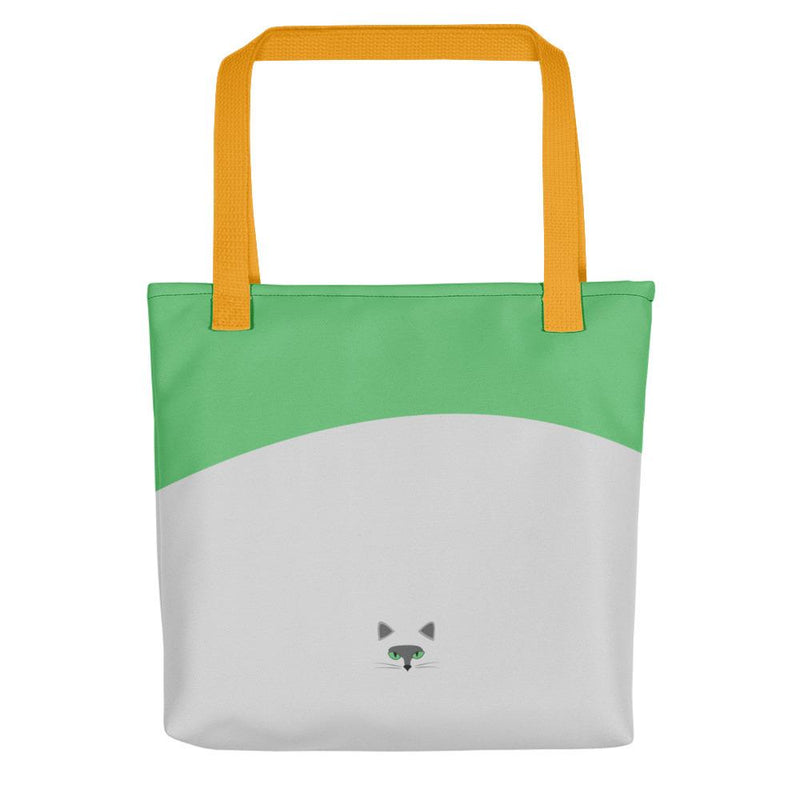 Inscrutable Cat Smoky Cat Green Tote bag in Yellow Handle Back View