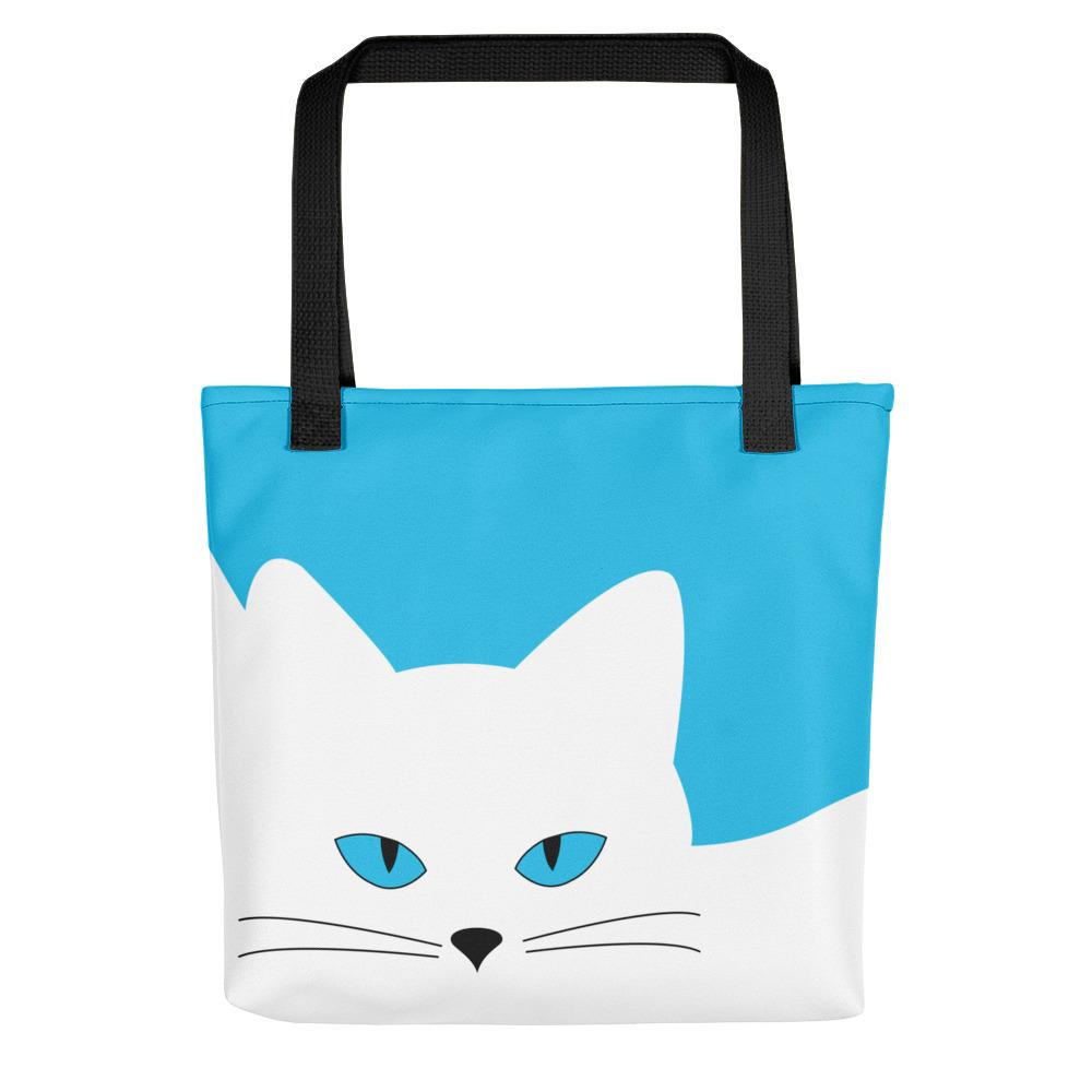 Inscrutable Cat Juicy Fruity Blue Tote bag Front View in Black Handle