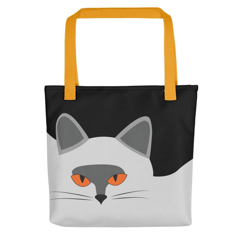 Inscrutable Cat Smoky Cat Black Tote bag in Yellow Handle Front View