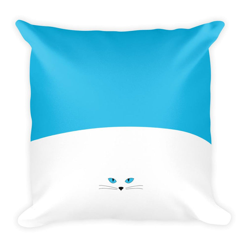 Inscrutable Cat White Cat Blue Square Pillow in Back View